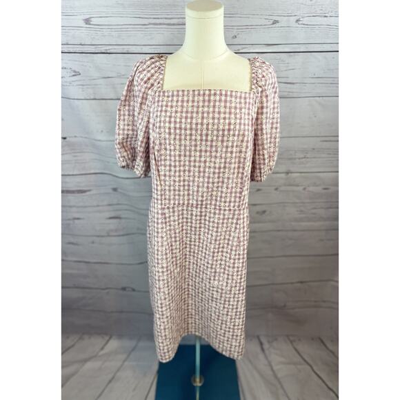 LOFT Dresses & Skirts - LOFT Outlet Floral Gingham Dress Size 14 Mauve Cream Puff Sleeve Cottagecore